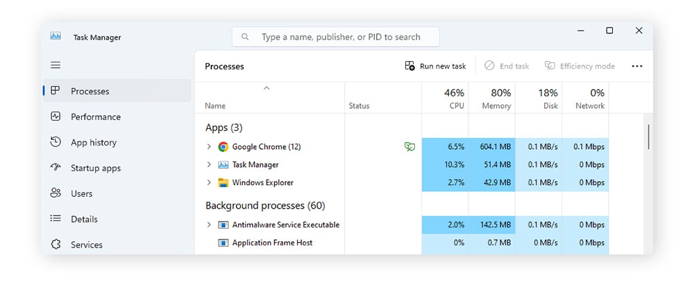 In Processes under Task Manager, you can see which apps are using the most resources.