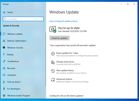 Check for the latest updates Windows 10 Update window