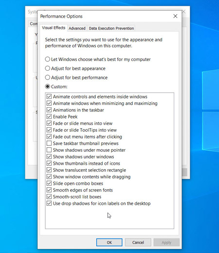 Disable Special Effects Visual Effects Tab in the Performance Options in Windows 10