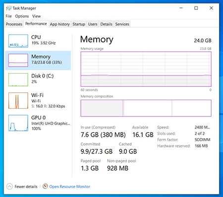 Upgrade your RAM Windows 10 Task Manager’s Performance Tab, Memory section shows memory usage